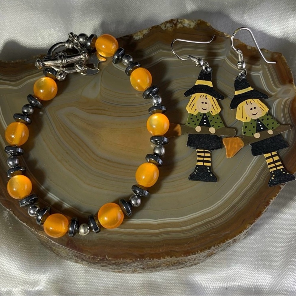 Orange and Silver Beaded Bracelet and Scarecrow Earrings